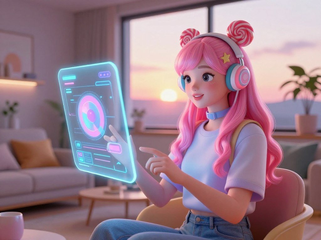 A charming, futuristic scene depicting a digital avatar of a "Candy AI Girlfriend," embodying a sweet and playful aesthetic. In the foreground, the AI character, styled with vibrant pastel colors and candy-themed accessories, wears modern casual attire suitable for a playful interaction. Her expression is warm and inviting, conveying connection and companionship. The middle ground features a cozy, contemporary room with soft, ambient lighting, creating a relaxed atmosphere. A sleek digital interface hovers beside her, demonstrating advanced technology. In the background, a window reveals a soft sunset, casting warm hues throughout the room, enhancing the emotional depth of the scene. The overall mood is uplifting and whimsical, reflecting the essence of personal connection through the innovative platform, Sexlove.ai.