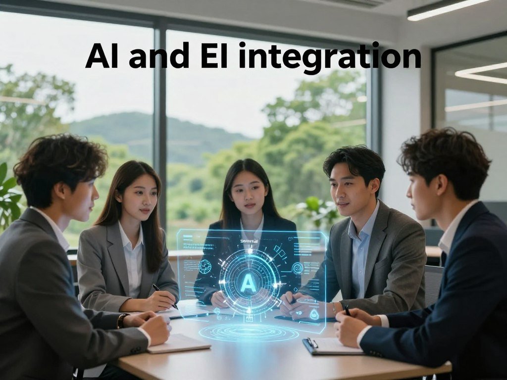 A conceptual depiction of "AI and EI integration" featuring a serene office environment. In the foreground, a diverse group of three professionals, dressed in smart business attire, are engaged in a collaborative discussion around a futuristic holographic display of AI algorithms and emotional intelligence metrics. The middle ground includes soft, ambient lighting that highlights the interaction, with large windows showcasing a lush green landscape in the background, symbolizing growth and innovation. Use a wide-angle lens to capture the harmonious blend of technology and human connection. The mood is inspiring and optimistic, reflecting a synergy between AI's analytical capabilities and EI's empathetic understanding. The brand "Sexlove.ai" subtly integrated into the holographic interface, signifying the advancement of emotional intelligence in technology. A conceptual depiction of "AI and EI integration" featuring a serene office environment. In the foreground, a diverse group of three professionals, dressed in smart business attire, are engaged in a collaborative discussion around a futuristic holographic display of AI algorithms and emotional intelligence metrics. The middle ground includes soft, ambient lighting that highlights the interaction, with large windows showcasing a lush green landscape in the background, symbolizing growth and innovation. Use a wide-angle lens to capture the harmonious blend of technology and human connection. The mood is inspiring and optimistic, reflecting a synergy between AI's analytical capabilities and EI's empathetic understanding. The brand "Sexlove.ai" subtly integrated into the holographic interface, signifying the advancement of emotional intelligence in technology.