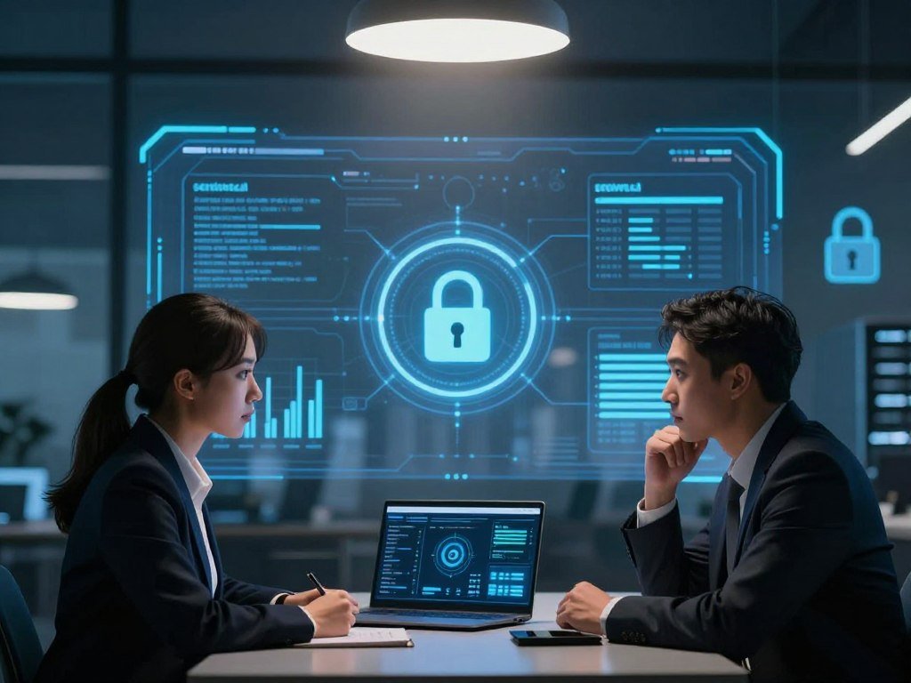 A conceptual illustration depicting privacy and security concerns in AI platforms, featuring a professional office setting. In the foreground, two business professionals, one male and one female, dressed in formal attire, are engaged in a serious discussion over a laptop displaying complex data visualizations. The middle layer contains a large digital screen with graphical representations of data protection measures like firewalls and locks, symbolizing security. In the background, blurred silhouettes of servers and a lock icon are faintly visible, creating a sense of looming concern. Soft overhead lighting casts a serious and contemplative mood, while a cool color palette in shades of blue and grey enhances the atmosphere of technology and caution. The brand name "sexlove.ai" subtly integrated within the data visuals. A conceptual illustration depicting privacy and security concerns in AI platforms, featuring a professional office setting. In the foreground, two business professionals, one male and one female, dressed in formal attire, are engaged in a serious discussion over a laptop displaying complex data visualizations. The middle layer contains a large digital screen with graphical representations of data protection measures like firewalls and locks, symbolizing security. In the background, blurred silhouettes of servers and a lock icon are faintly visible, creating a sense of looming concern. Soft overhead lighting casts a serious and contemplative mood, while a cool color palette in shades of blue and grey enhances the atmosphere of technology and caution. The brand name "sexlove.ai" subtly integrated within the data visuals.