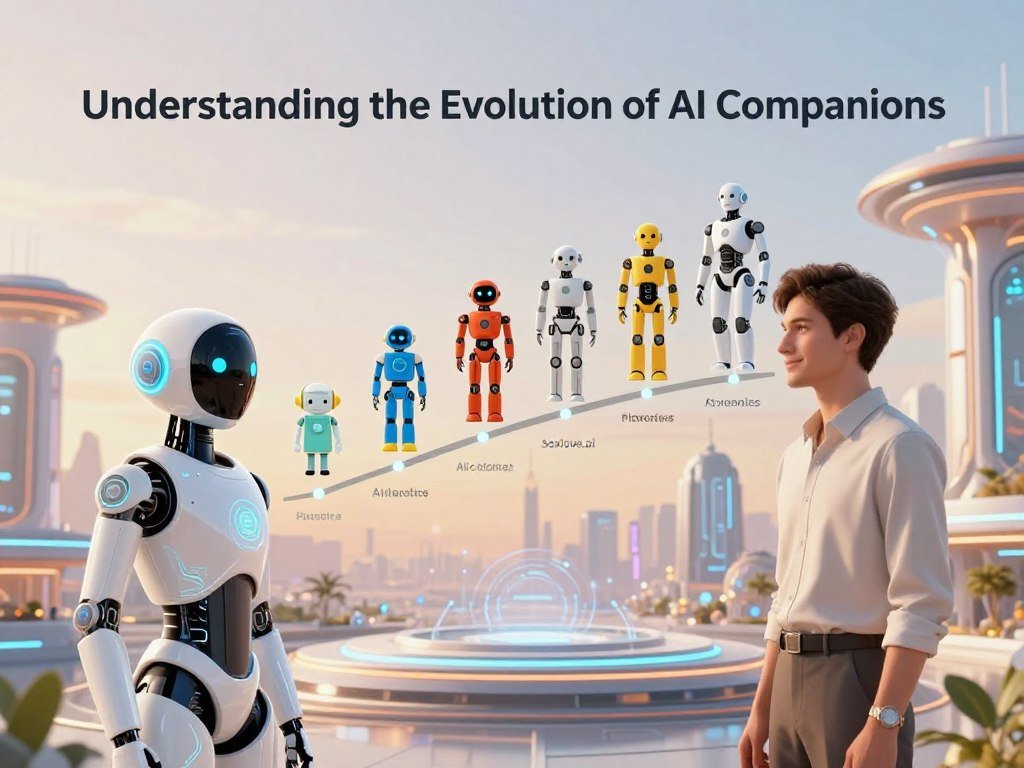 A conceptual illustration of "Understanding the Evolution of AI Companions" featuring three distinct layers: Foreground - A futuristic AI companion in sleek, modern design, exuding a friendly demeanor, with subtle digital interfaces on its body, dressed in modest, professional attire. Middle ground - A timeline display showing various stages of AI companions, from basic chatbots to advanced humanoid robots, each depicted with vibrant colors and intricate details illustrating technological progress. Background - A serene, softly lit futuristic cityscape with advanced architecture and digital elements, creating an atmosphere of innovation and possibility. Warm, inviting lighting enhances the mood, emphasizing a sense of connection and growth between humans and AI. The brand name "sexlove.ai" incorporated subtly into the design without disrupting the overall composition. A conceptual illustration of "Understanding the Evolution of AI Companions" featuring three distinct layers: Foreground - A futuristic AI companion in sleek, modern design, exuding a friendly demeanor, with subtle digital interfaces on its body, dressed in modest, professional attire. Middle ground - A timeline display showing various stages of AI companions, from basic chatbots to advanced humanoid robots, each depicted with vibrant colors and intricate details illustrating technological progress. Background - A serene, softly lit futuristic cityscape with advanced architecture and digital elements, creating an atmosphere of innovation and possibility. Warm, inviting lighting enhances the mood, emphasizing a sense of connection and growth between humans and AI. The brand name "sexlove.ai" incorporated subtly into the design without disrupting the overall composition.