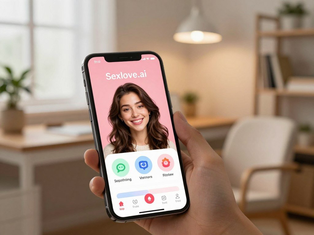 A cozy and inviting smartphone screen displaying the interface of the "Sexlove.ai" virtual girlfriend app, showcasing a friendly and engaging virtual character who embodies warmth and positivity. In the foreground, the screen is animated with colorful icons representing fun features like chat, games, and personalized advice. The middle ground should feature a well-organized desk setting with a soft-focus view of a comfy chair and warm lighting that gives a sense of comfort and intimacy. In the background, a soft-lit room with decorative plants and a bookshelf adds depth and relaxation to the atmosphere. The image should evoke feelings of happiness and companionship, emphasizing the appeal of the virtual girlfriend experience in a wholesome way.