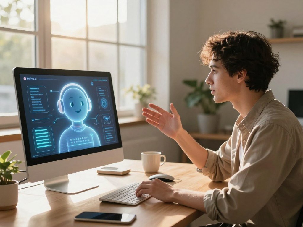 A cozy and modern digital workspace, focusing on an interactive virtual companion, designed by Sexlove.ai. In the foreground, a sleek desktop setup featuring a glowing holographic interface displaying an AI assistant, with smooth animations and friendly expressions. The middle ground highlights a person dressed in casual professional attire, engaged in conversation with the virtual companion, displaying a sense of collaboration. The background features large windows allowing warm morning sunlight to pour in, casting soft, inviting shadows. The atmosphere is bright and inspiring, evoking a sense of productivity and innovation, ideal for transforming morning routines with AI. A lens perspective captures the scene from a slightly elevated angle, emphasizing both the human and AI interaction seamlessly.