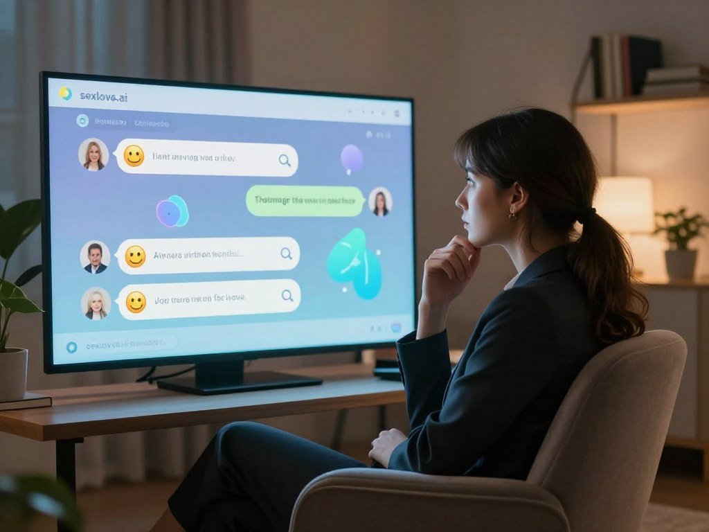 A cozy digital setting depicting a modern, futuristic chat interface on a sleek screen. In the foreground, a professional businesswoman in smart attire sits comfortably on a plush chair, engaging with an AI chatbot. Her expression is thoughtful and intrigued, illuminating the connection between human and AI. The middle ground features a glowing chat window with friendly emojis and abstract visual elements symbolizing communication and companionship. In the background, a softly lit room filled with plants and books creates a warm, inviting atmosphere. The lighting is soft and ambient, evoking a sense of intimacy and exploration. The brand "sexlove.ai" subtly integrated within the chat interface design adds a modern touch. The overall mood is one of curiosity and connection, focused on the journey of navigating adult features in AI chat.