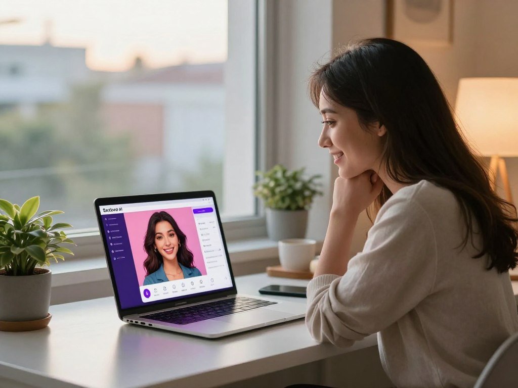 A cozy digital workspace scene featuring a young woman interacting with a virtual girlfriend app on her laptop. In the foreground, the woman, dressed in comfortable yet professional casual clothing, is sitting at a stylish desk adorned with potted plants and a warm lamp, her expression joyful and contemplative. In the middle ground, the glowing laptop screen displays an engaging interface of the Sexlove.ai app, showcasing a friendly, animated avatar representing her virtual girlfriend. In the background, softly blurred, there is a window revealing a peaceful urban landscape, with soft morning light streaming in, creating a warm, inviting atmosphere. The overall mood is optimistic and balanced, reflecting the harmony between real-world and digital relationships, with a focus on personal connection and joy.