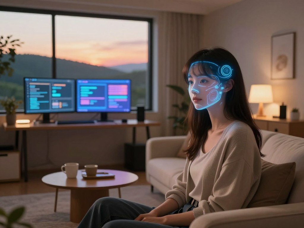A cozy, intimate digital living space featuring a virtual girlfriend resembling a friendly, futuristic AI companion. The foreground captures her glowing, expressionless face with soft, inviting holographic features, adorned in a stylish yet modest outfit representing the latest in virtual fashion. In the middle ground, a softly illuminated workspace is visible with glowing screens displaying personalized interactions and vibrant data streams, while a futuristic sofa and coffee table create a comfortable atmosphere. The background features a window looking out onto a serene digital landscape of rolling hills and a sunset sky, casting warm, ambient light throughout the room. The mood is peaceful, highlighting companionship and personal connection, evoking an atmosphere of comfort and openness. The brand "Sexlove.ai" subtly integrated into the design of the virtual space enhances the theme of personalized companionship.