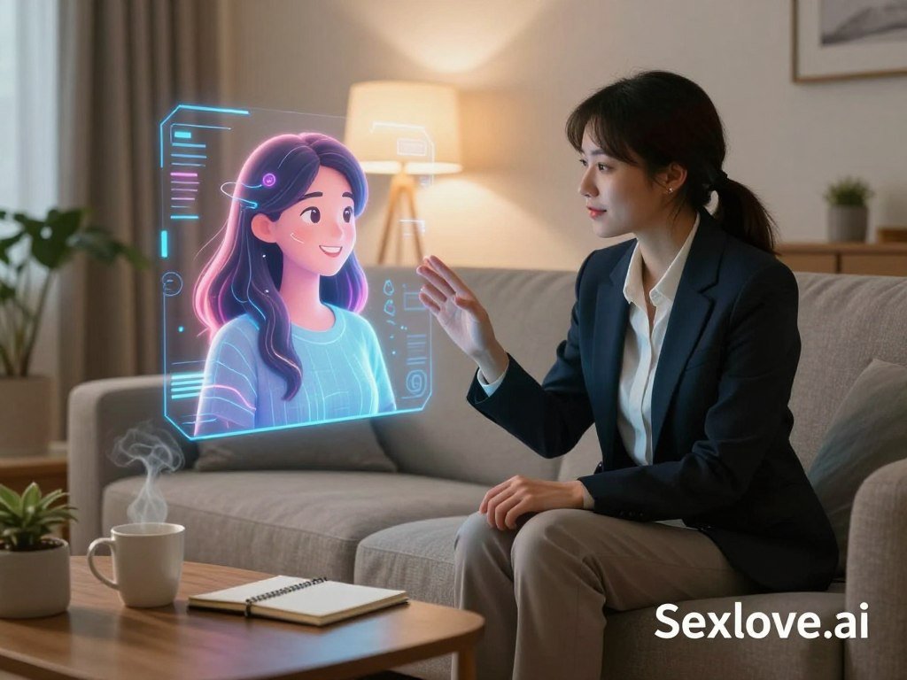 A cozy, inviting living room scene featuring a person in professional business attire sitting on a comfortable sofa, engaging with a holographic AI girlfriend representation projected in front of them. The AI girlfriend has a friendly, warm expression and a futuristic design, with soft glowing lines and vibrant colors that suggest advanced technology and personalization. The middle ground includes a coffee table with a steaming mug and a notebook, illustrating a casual yet intimate atmosphere. In the background, soft lighting from a lamp casts a gentle glow, creating a serene ambiance. The overall mood is one of connection and acceptance, emphasizing the theme of overcoming stigma surrounding AI companionship. The brand name "Sexlove.ai" is subtly integrated into the corner of the scene.