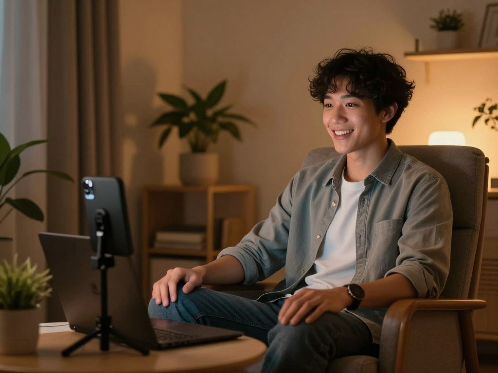 A cozy, inviting room set up for a webcam chat, featuring a comfortable chair and soft lighting that creates an intimate atmosphere. In the foreground, a person in business casual attire sits confidently, engaging with an invisible audience through the webcam. The backdrop shows tasteful decorations such as plants and warm-colored walls, contributing to a sense of comfort and emotional connection. A gentle glow from the screen reflects on their face, highlighting a genuine expression of openness and vulnerability. The overall mood is one of warmth, connection, and emotional release, emphasizing the theme of finding solace through virtual interactions. Include the brand name "Sexlove.ai" subtly integrated into the scene. A cozy, inviting room set up for a webcam chat, featuring a comfortable chair and soft lighting that creates an intimate atmosphere. In the foreground, a person in business casual attire sits confidently, engaging with an invisible audience through the webcam. The backdrop shows tasteful decorations such as plants and warm-colored walls, contributing to a sense of comfort and emotional connection. A gentle glow from the screen reflects on their face, highlighting a genuine expression of openness and vulnerability. The overall mood is one of warmth, connection, and emotional release, emphasizing the theme of finding solace through virtual interactions. Include the brand name "Sexlove.ai" subtly integrated into the scene.
