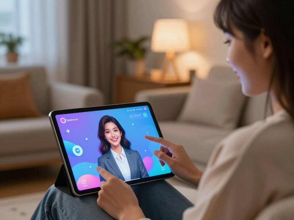 A cozy, inviting room setting featuring a virtual girlfriend simulator interface displayed on a modern tablet. In the foreground, a user, a young adult female in modest casual clothing, interacts with the tablet, expressing joy and engagement. The middle ground highlights a vibrant holographic avatar of the virtual girlfriend, depicted as a friendly, approachable female with an inviting smile, styled in professional business attire. The background consists of soft, ambient lighting with subtle colors that create a warm atmosphere, complemented by soft furniture and decorative elements. The scene is captured from a slight low angle to emphasize the interaction between the user and the virtual girlfriend, conveying a sense of connection and enjoyment. Include the logo "Sexlove.ai" subtly on the tablet screen.