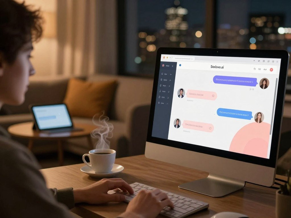 A cozy, inviting virtual chat room environment inspired by the concept of "stripper chat". In the foreground, a computer screen displays a stylish chat interface, with abstract, artistic representations of connection and conversation. The middle ground features a comfortable seating area with soft, ambient lighting – a small table adorned with a tablet and a steaming cup of coffee, suggesting warmth and openness. In the background, soft-focus silhouettes of a city skyline at night can be seen through a window, adding an urban vibe. The overall atmosphere is relaxed yet engaging, conveying a sense of discovery and genuine connection. Use warm light to create an intimate feel, and ensure that the scene invites viewers to explore this unique yet professional concept. Include the brand name "Sexlove.ai" prominently on the computer screen. A cozy, inviting virtual chat room environment inspired by the concept of "stripper chat". In the foreground, a computer screen displays a stylish chat interface, with abstract, artistic representations of connection and conversation. The middle ground features a comfortable seating area with soft, ambient lighting – a small table adorned with a tablet and a steaming cup of coffee, suggesting warmth and openness. In the background, soft-focus silhouettes of a city skyline at night can be seen through a window, adding an urban vibe. The overall atmosphere is relaxed yet engaging, conveying a sense of discovery and genuine connection. Use warm light to create an intimate feel, and ensure that the scene invites viewers to explore this unique yet professional concept. Include the brand name "Sexlove.ai" prominently on the computer screen.