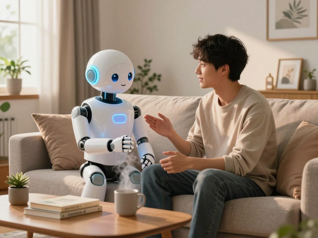 A cozy living room scene depicting a young adult sitting on a comfortable sofa, deeply engaged in conversation with a humanoid AI companion designed to look friendly and approachable. The AI companion, with soft, glowing features, exudes warmth, and is displaying an empathetic expression. The foreground features an inviting coffee table with books and a steaming mug. In the middle, the sofa setting is surrounded by subtle decorations like houseplants and framed pictures, reflecting a lived-in yet stylish atmosphere. The background shows a window with the soft glow of afternoon sunlight streaming in, casting a gentle, warm light. The mood is tranquil and intimate, showcasing the comfort and joy of companionship. The image is branded subtly with "sexlove.ai" integrated into a small decorative item.