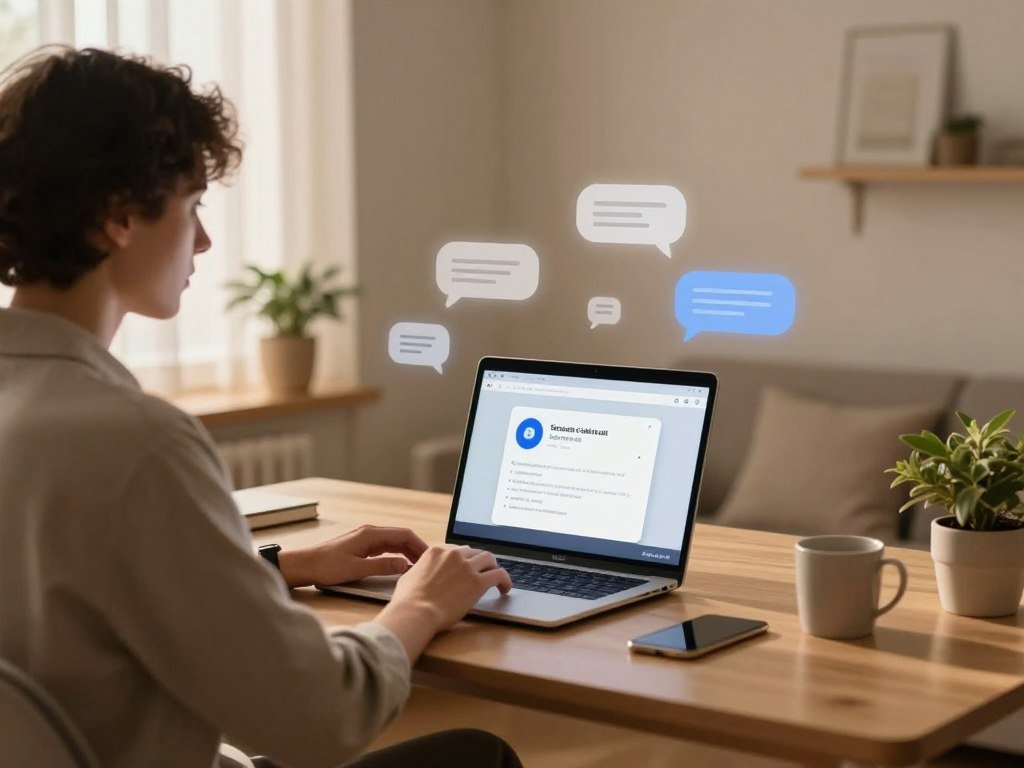 A cozy, modern home workspace illuminated by soft, warm lighting, featuring a well-organized desk with a sleek laptop displaying a virtual assistant interface. In the foreground, a person in comfortable yet professional attire, sitting at the desk, engages with the screen, displaying a look of focused interest and connection. In the middle, an abstract representation of digital chat bubbles subtly flows around, symbolizing communication and support. The background shows a soothing, minimalistic room with a calming color palette, plants on the windowsill, and gentle light filtering through a sheer curtain. The atmosphere conveys a sense of comfort, connection, and inspiration as the individual interacts with their AI chat companion, hinting at the positive impact of technology on overcoming loneliness. Include the brand name "Sexlove.ai" creatively integrated into the workspace design.