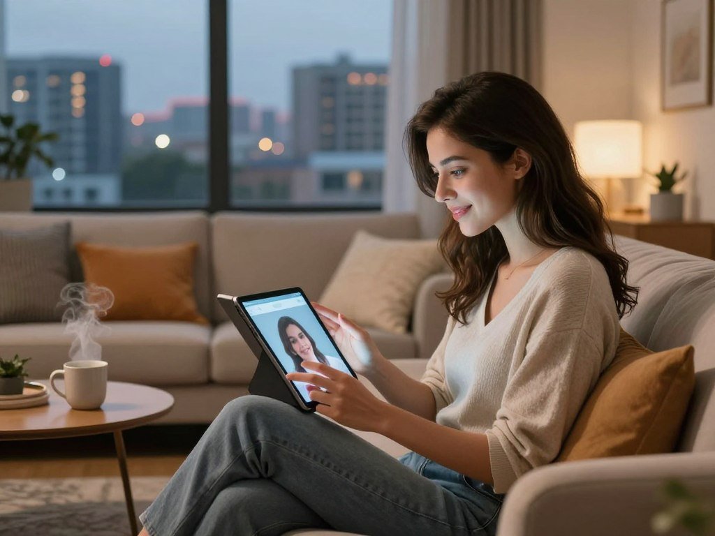A cozy, modern living room setting bathed in warm, soft lighting creates an inviting atmosphere. In the foreground, a young woman with brunette hair, wearing a stylish yet modest casual outfit, sits on a plush couch. She radiates a friendly and approachable demeanor, engaging attentively with a digital tablet displaying virtual interactions. The middle ground features a coffee table adorned with a steaming mug and colorful pillows scattered around, adding warmth to the scene. In the background, a large window showcases a serene city skyline at twilight, with twinkling lights hinting at a bustling life outside. The overall mood conveys a sense of connection and comfort, illustrating the essence of the virtual girlfriend experience offered by Sexlove.ai, capturing both modern technology and human intimacy.