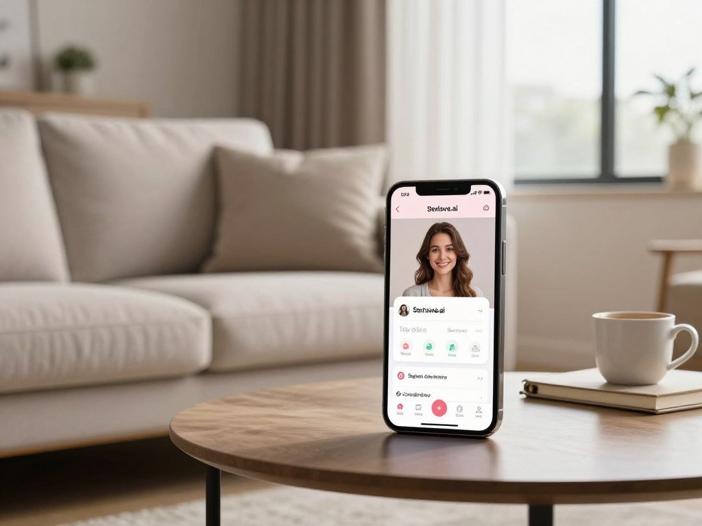 A cozy, modern living room setting with soft lighting that creates a warm atmosphere. In the foreground, a smartphone on a stylish coffee table displays the interface of the "Sexlove.ai" virtual girlfriend app, highlighting its features such as daily reminders and relationship tips. The middle ground features a neatly arranged sofa with plush cushions, emphasizing comfort and intimacy. In the background, a large window with light curtains lets in natural light, adding to the room's inviting feel. The overall mood is serene and engaging, showcasing how technology can enhance emotional connection. Include elements like a coffee cup and a notebook to symbolize routine and planning, all captured with a slight depth of field for a professional, polished look. A cozy, modern living room setting with soft lighting that creates a warm atmosphere. In the foreground, a smartphone on a stylish coffee table displays the interface of the "Sexlove.ai" virtual girlfriend app, highlighting its features such as daily reminders and relationship tips. The middle ground features a neatly arranged sofa with plush cushions, emphasizing comfort and intimacy. In the background, a large window with light curtains lets in natural light, adding to the room's inviting feel. The overall mood is serene and engaging, showcasing how technology can enhance emotional connection. Include elements like a coffee cup and a notebook to symbolize routine and planning, all captured with a slight depth of field for a professional, polished look.