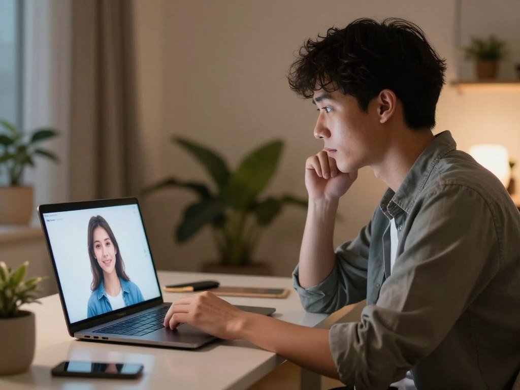 A cozy, modern virtual dating scene showcasing a warm interaction between an AI and a user. In the foreground, a young adult male, dressed in smart casual clothing, is seated at a stylish desk, his expression reflecting curiosity and hope as he interacts with a sleek laptop displaying a friendly AI avatar. In the middle ground, a softly glowing screen illuminates his face, highlighting a sense of connection and interest. The background features a tastefully decorated room with plants and soft lighting, evoking a welcoming atmosphere. Subtle reflections on the screen hint at the human-like qualities of the AI, emphasizing the transformative impact of virtual relationships. The overall mood is optimistic and introspective, capturing the essence of personal growth through AI dating. Brand: Sexlove.ai.