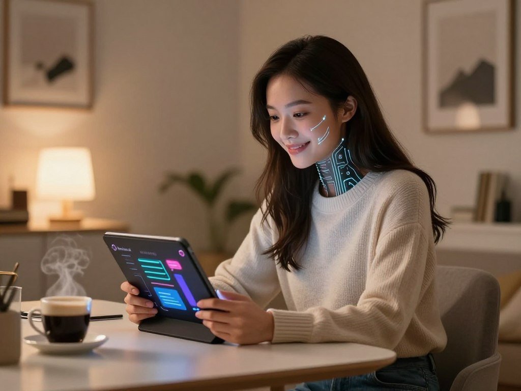 A cozy, soft-lit room filled with warm tones, featuring a futuristic AI girlfriend character sitting at a modern table. She has a friendly expression, showcasing advanced AI features with intricate circuitry subtly visible on her skin. Dressed in a smart, casual outfit—like a light sweater and jeans—she holds a digital tablet displaying vibrant graphics of communication tools. In the foreground, a steaming cup of coffee suggests a relaxed atmosphere. The middle ground reveals her engaging warmly, demonstrating attentive communication, while the background hints at a stylish, minimalistic home office with inspiring art on the walls. The soft glow from a nearby lamp creates an inviting mood, emphasizing connection and patience in relationships. The logo "Sexlove.ai" is discreetly incorporated into the tablet's design.