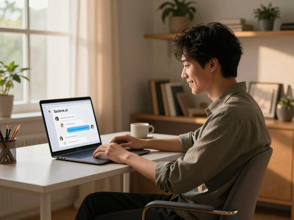 A cozy, softly lit room with a modern aesthetic, featuring a sleek desk with a laptop open to an engaging AI chat interface from "Sexlove.ai". In the foreground, a young adult of Asian descent, dressed in smart casual attire, sits comfortably on a stylish chair, focused and smiling as they interact with the chat. The middle layer shows warm light filtering in from a window, casting gentle shadows and enhancing the inviting atmosphere. In the background, shelves with books and plants create a homey feel, promoting a sense of companionship and personal growth. The overall mood conveys a sense of comfort, warmth, and personal connection, ideal for enhancing social skills through AI companionship.
