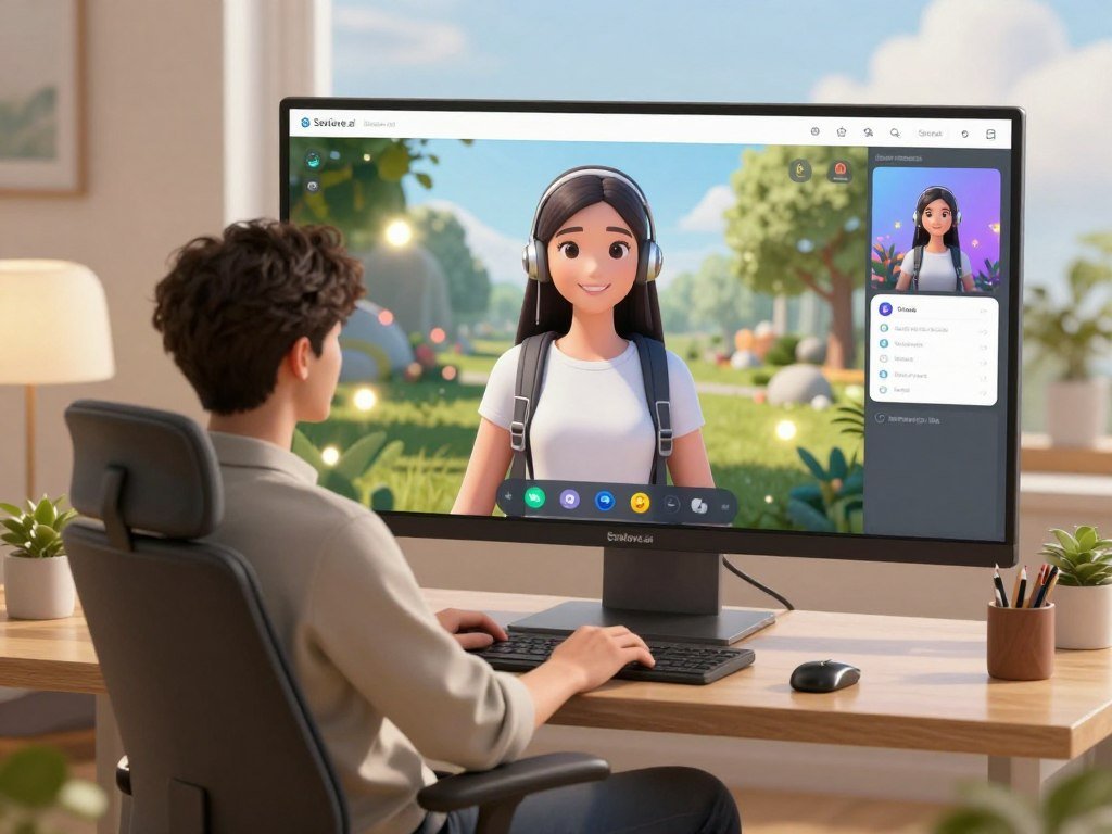 A cozy virtual space showcasing a colorful and modern virtual girlfriend simulator interface on a sleek computer screen. In the foreground, a realistic male figure, dressed in casual but neat clothing, sits comfortably in an ergonomic chair, interacting with a friendly and high-tech avatar displayed on the screen. The middle layer features an inviting virtual environment, filled with lush greenery and soft glowing lights, hinting at a serene outdoor setting. The background includes gentle hints of a bright sky and fluffy clouds, creating a peaceful atmosphere. Soft lighting illuminates the scene, casting warm, inviting shadows. The overall mood is uplifting and engaging, reflecting excitement and joy in finding companionship through technology. The brand "Sexlove.ai" is subtly represented in the virtual interface design.
