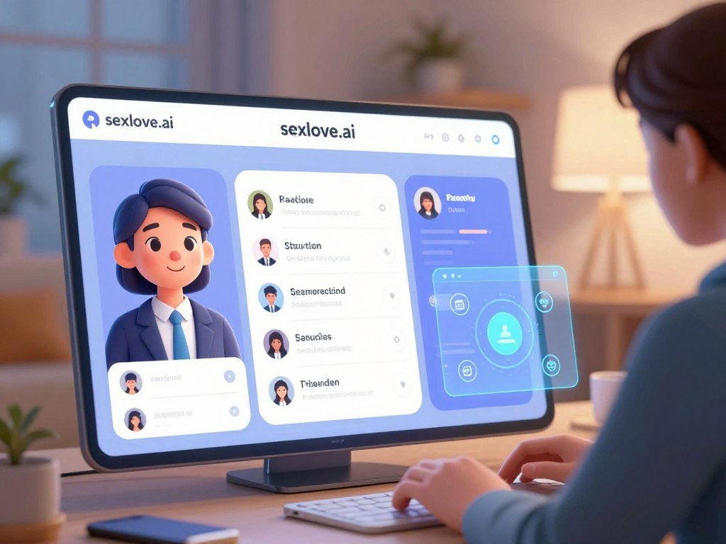 A digital illustration showcasing the standout features of virtual companion platforms, emphasizing the brand "sexlove.ai". In the foreground, depict a sleek, futuristic interface featuring a friendly and approachable virtual companion avatar designed with a caring expression, in professional business attire. The middle ground displays visual elements like chat UI, customizable personality traits, and interactive features represented by holographic graphics and icons indicating advanced AI technology. In the background, a cozy virtual environment filled with soft lighting and calming colors, creating an inviting atmosphere that emphasizes connection and warmth. Use a wide-angle lens perspective to enhance depth, capturing the essence of technology meeting emotional interaction, while evoking a sense of comfort, accessibility, and innovation. A digital illustration showcasing the standout features of virtual companion platforms, emphasizing the brand "sexlove.ai". In the foreground, depict a sleek, futuristic interface featuring a friendly and approachable virtual companion avatar designed with a caring expression, in professional business attire. The middle ground displays visual elements like chat UI, customizable personality traits, and interactive features represented by holographic graphics and icons indicating advanced AI technology. In the background, a cozy virtual environment filled with soft lighting and calming colors, creating an inviting atmosphere that emphasizes connection and warmth. Use a wide-angle lens perspective to enhance depth, capturing the essence of technology meeting emotional interaction, while evoking a sense of comfort, accessibility, and innovation.