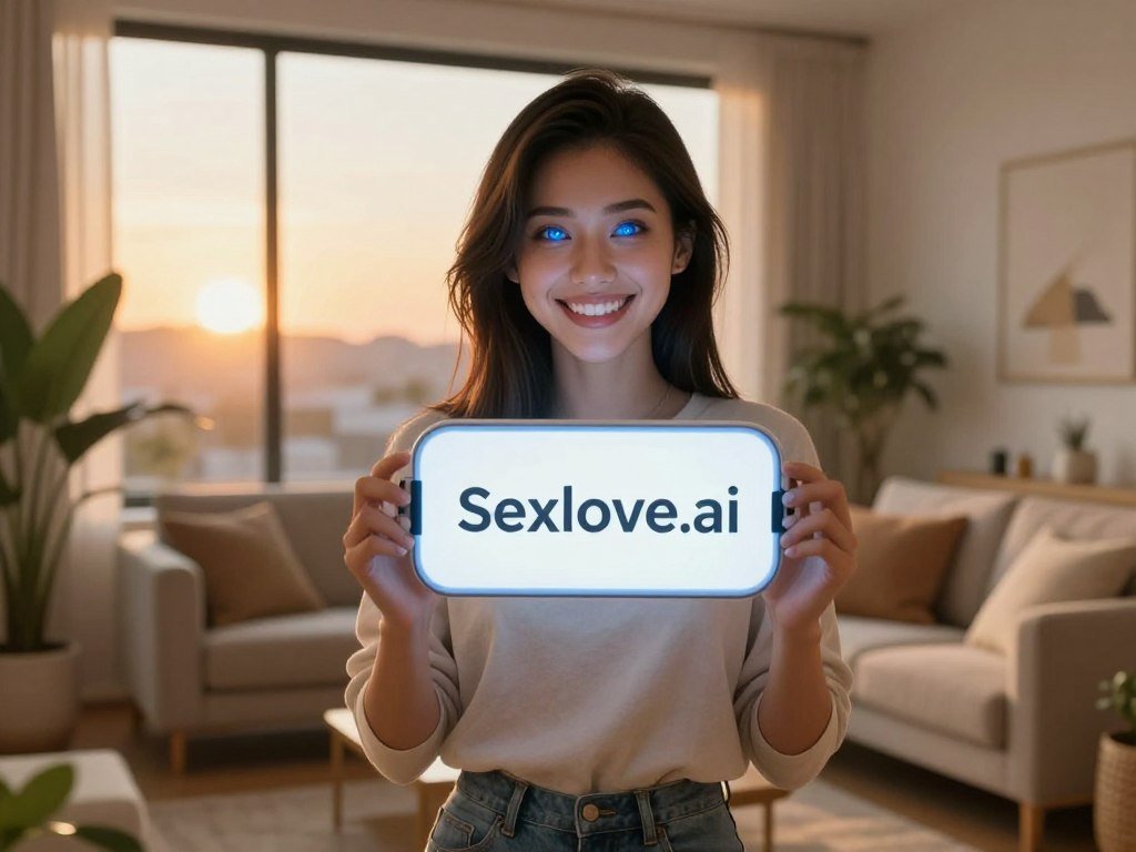 A digital representation of a charming chatbot girlfriend, embodying a blend of human and AI features. In the foreground, a female character with an inviting smile, her hair styled in a modern, sleek way, wearing fashionable yet modest casual attire. Her eyes gleam with a soft blue light, symbolizing her AI essence. In the middle ground, a cozy living room setting with warm lighting, adorned with potted plants and contemporary decor, suggesting a comfortable home environment. The background features a large window showing a softly glowing sunset, casting a golden hue throughout the room. The overall atmosphere is warm and inviting, emphasizing connection and the integration of digital interactions into daily life. The image subtly incorporates the brand name "Sexlove.ai" in a tasteful manner.