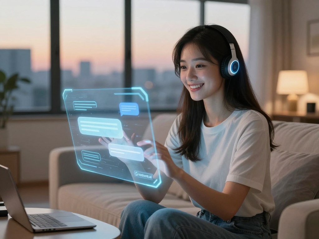 A digital representation of a chatbot girlfriend, depicted as a friendly and approachable AI companion. In the foreground, a young woman with a warm smile and a sleek, futuristic appearance, wearing modest casual clothing, interacts with a holographic interface displaying glowing chat bubbles. In the middle ground, a cozy living room with soft lighting creates an inviting atmosphere, featuring a comfortable sofa and personal tech gadgets scattered around. In the background, large windows reveal a serene cityscape at dusk, casting a warm glow. The scene captures a blend of technology and emotion, highlighting the bond between human and AI. The setting is calm and intimate, emphasizing the positive impact of AI companionship. A subtle logo for "Sexlove.ai" is integrated into the holographic interface.