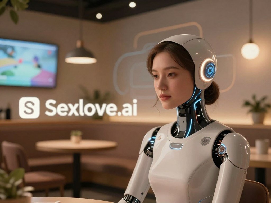 A futuristic AI romantic partner designed to resemble a compassionate and understanding individual, positioned in the foreground. The partner has sleek features with soft, glowing accents, symbolizing advanced technology. In the middle ground, show a cozy virtual environment, perhaps a serene caf&eacute; with comfortable seating and smart screens displaying calming visuals. The background includes abstract shapes and lines that suggest a digital realm, emphasizing the AI's nature. Warm, ambient lighting creates an inviting atmosphere, with a soft focus to provide a sense of intimacy. The overall mood is supportive and nurturing, illustrating the theme of overcoming social anxiety with AI support. Include a subtle logo of "Sexlove.ai" integrated into the scene as a design element, ensuring it blends naturally into the aesthetic.