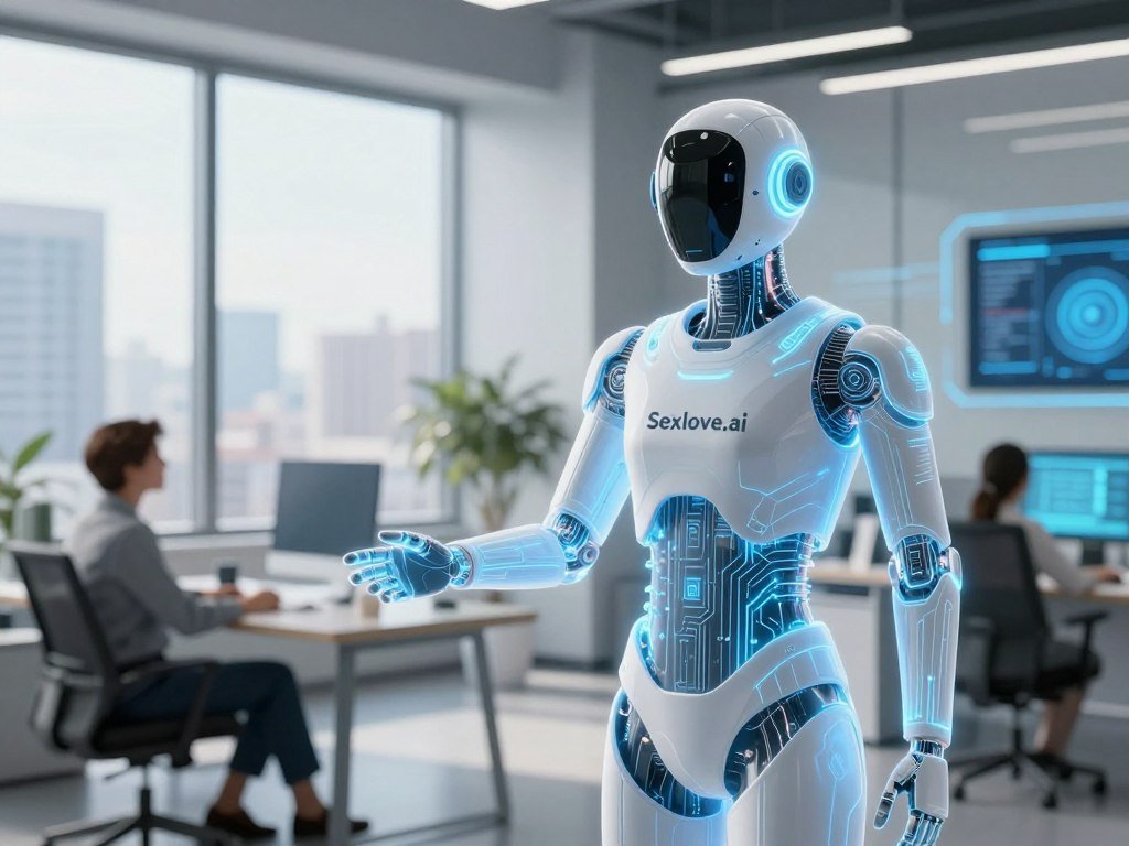 A futuristic AI virtual assistant stands confidently in a modern office environment, serving as a personalized companion. In the foreground, the assistant is a holographic figure, embodying sleek lines and glowing circuits with a soft blue hue. It extends a hand toward a human user, who is dressed in professional business attire, showcasing a look of curiosity and engagement. In the middle ground, a stylish workspace features a large window with a cityscape view, bathed in natural daylight. The background presents a blend of high-tech elements, such as interactive screens and digital displays, enhancing the atmosphere of innovation. The mood is optimistic and focused, illustrating a harmonious interaction between human and AI. The brand name "Sexlove.ai" subtly integrated into the design, emphasizes modern technology's role in enhancing human experiences.