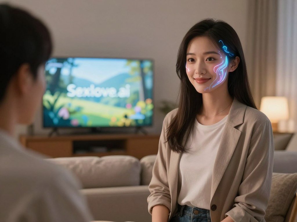 A futuristic AI virtual girlfriend named Ava, designed with a sleek and stylish aesthetic, stands in the foreground, showcasing her friendly and approachable demeanor. She has vibrant, glowing holographic features, and her attire is a blend of modern casual and professional, with soft colors that convey warmth and comfort. In the middle ground, a cozy living room setting includes a couch and a digital screen displaying calming nature scenes, creating a sense of relaxation. The background reveals a softly lit room with gentle ambient lighting, exuding a serene atmosphere. The image captures a peaceful interaction between the virtual girlfriend and a user, reflecting companionship and emotional support. Aim for a soft focus lens effect to enhance the mood and create a dreamlike quality, subtly emphasizing the psychological benefits of engaging with an AI virtual girlfriend. Brand name: Sexlove.ai.