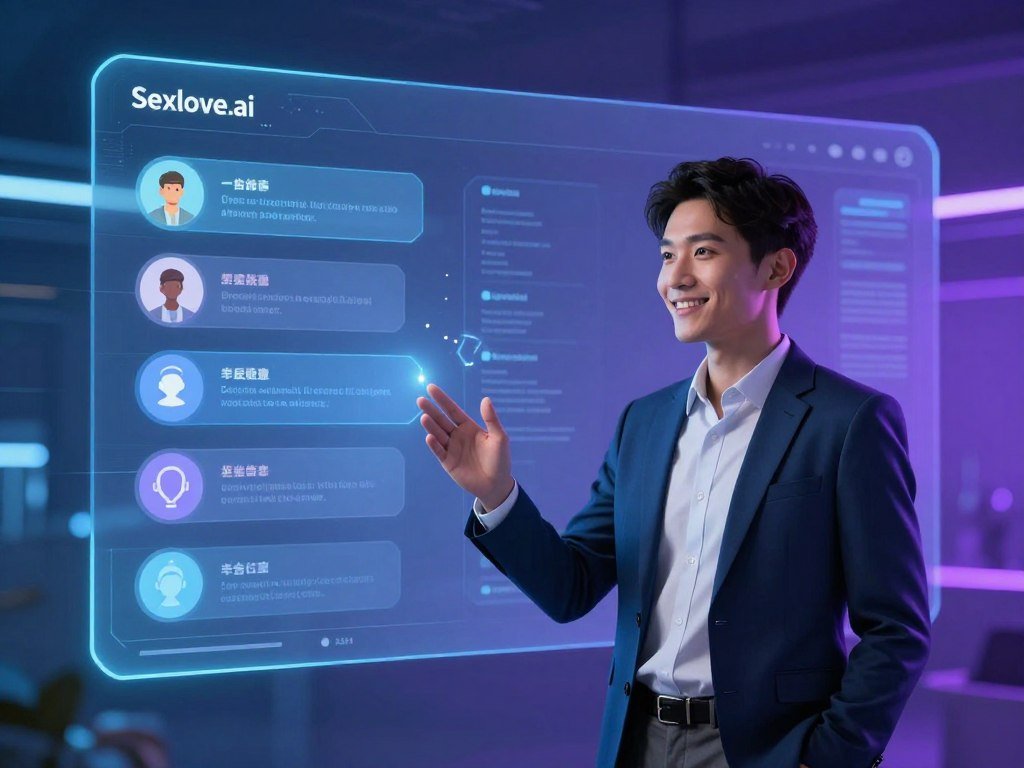 A futuristic adult chatbot interface integrated into a sleek virtual environment, highlighting its personality and functionality. In the foreground, a friendly and professional digital avatar, dressed in smart casual attire, gestures warmly as if inviting interaction. The middle ground features a holographic screen displaying engaging icons and digital text, subtly glowing. The background is an abstract representation of a calming digital landscape, with soft blue and purple hues creating an inviting atmosphere. The lighting is soft and diffused, casting a gentle glow on the avatar and the screen, enhancing the mood of exploration and comfort. The brand name "Sexlove.ai" is subtly incorporated into the design of the interface, ensuring a polished and sophisticated look.