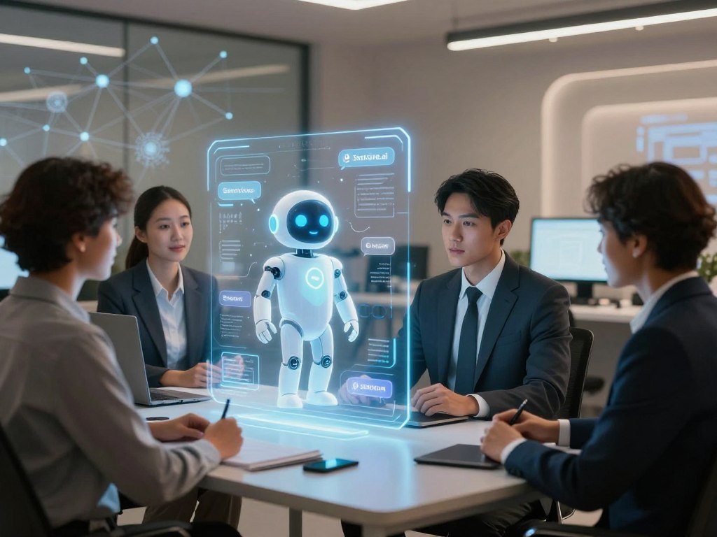 A futuristic, advanced chatbot technology scene, featuring a sleek, holographic interface displaying a friendly AI character symbolizing emotional support. In the foreground, a diverse group of professionals in business attire are interacting with the AI, showcasing engagement and connection. The middle ground presents an ambient, softly lit workspace filled with advanced electronics and digital displays, blending high-tech aesthetics with a sense of calm. The background features an abstract representation of neural networks and digital connections, suggesting the integration of AI within mental wellness. Use soft, warm lighting to create a reassuring atmosphere, highlighting the promise of technology enhancing emotional well-being. Incorporate the brand name "Sexlove.ai" subtly within the digital environment, ensuring it harmonizes with the scene.