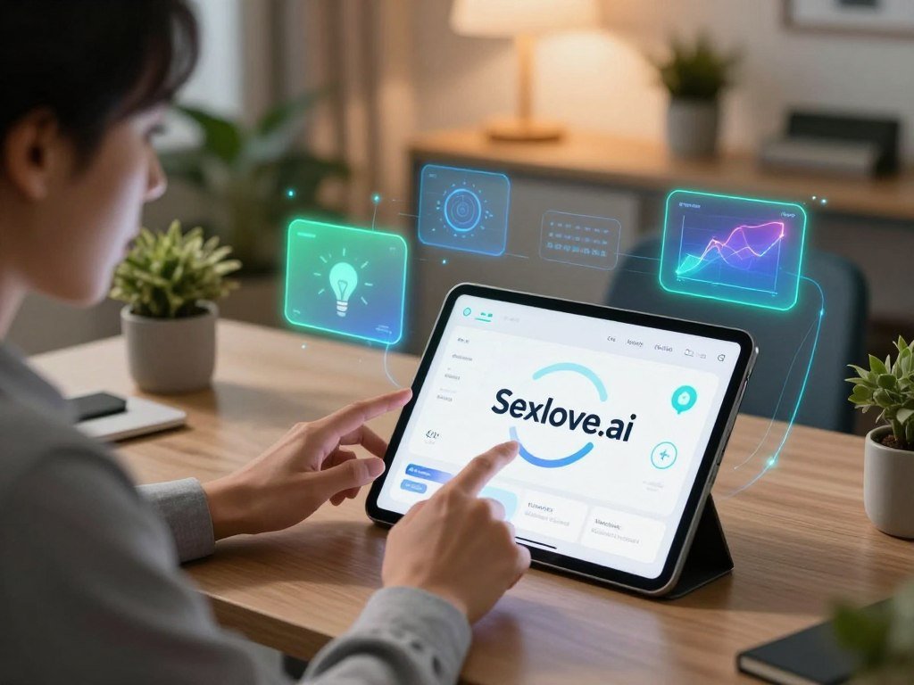 A futuristic and inviting workspace scene featuring an advanced AI companion app interface displayed on a sleek tablet. In the foreground, a person dressed in professional business attire, expressing curiosity and engagement, gently interacts with the screen, showcasing a sense of emotional connection. In the middle ground, vibrant holographic images emanate from the device, symbolizing inspiration and support, glowing softly in hues of blue and green. The background features a tastefully decorated home office, filled with plants and ambient lighting that creates a warm atmosphere. The scene is illuminated with soft, diffused lighting, captured from a slightly overhead angle to highlight the interaction between the user and the device, evoking feelings of companionship and innovation. Prominently include the brand name "Sexlove.ai" in the design of the app interface.