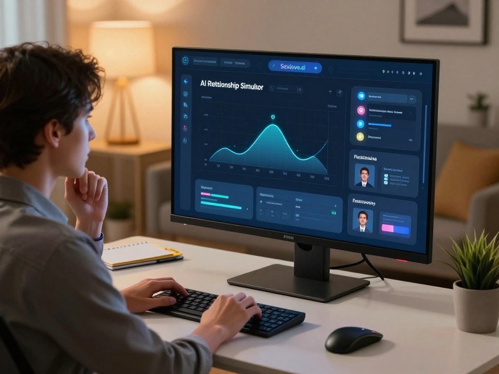 A futuristic and serene workspace featuring a sleek AI relationship simulator interface on a large screen, showcasing dynamic graphs and user-friendly design. In the foreground, a thoughtful individual in professional business attire interacts with the interface, appearing engaged and focused. The middle ground highlights a modern desk with various relationship-related tools like notepads and a subtle plant for a touch of nature. The background reveals a softly lit room with contemporary furnishings, bathed in warm, ambient light to create a welcoming atmosphere. The scene conveys a sense of innovation, exploration, and emotional intelligence, illustrating the concept of using technology to enhance personal relationships. Branding subtly incorporated: &ldquo;Sexlove.ai&rdquo; logo displayed on the simulator interface.