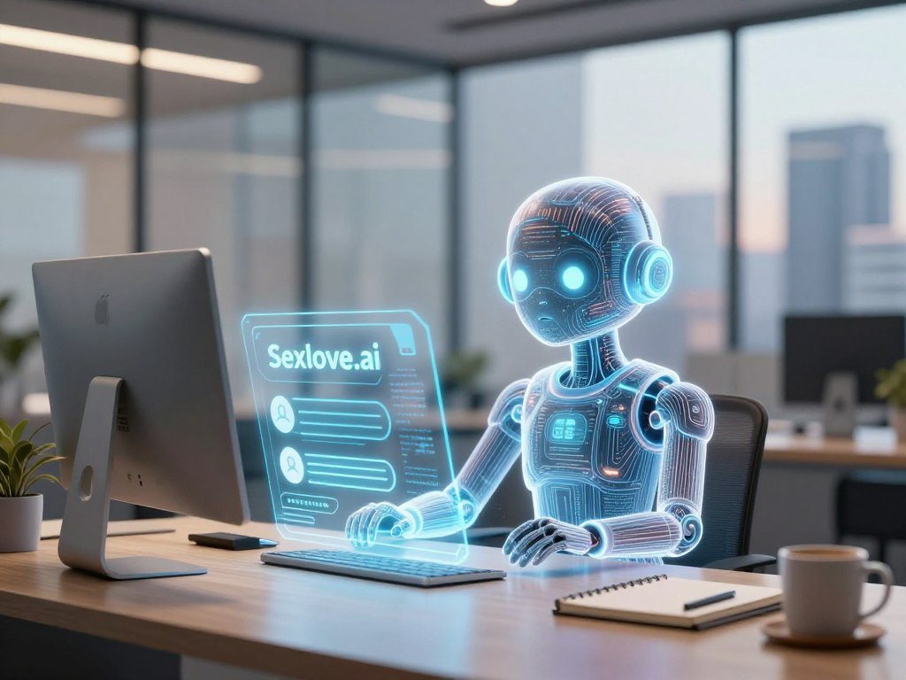 A futuristic and sleek digital representation of an AI chatbot named "Sexlove.ai," depicted as a glowing holographic interface set in a modern office environment. In the foreground, the chatbot appears as an intricate, friendly avatar with an inviting expression, made up of shimmering lines of code and soft light. The middle ground features a stylish workspace with a high-tech computer, a notebook, and a coffee mug, hinting at creativity and inspiration. The background showcases a blurred cityscape through a glass window, creating a feeling of depth and a connection to reality. Soft, warm lighting bathes the scene, evoking a sense of warmth and intimacy while maintaining a professional atmosphere, striking a balance between fantasy and reality.