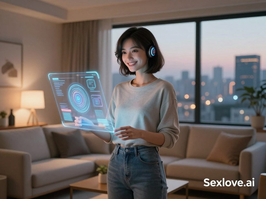 A futuristic artificial intelligence girlfriend stands in a cozy and modern living room, surrounded by soft, ambient lighting that casts a warm glow. She is depicted as a charming, humanoid figure with an engaging smile, wearing stylish, modest casual clothing. The foreground features her attentive expression, showcasing her artificial yet relatable charm. In the middle ground, a sleek digital interface displays holographic elements that suggest interactivity, blending technology and humanity harmoniously. The background reveals a serene city skyline through a large window, symbolizing endless possibilities. The overall atmosphere is inviting and introspective, reflecting a sense of connection and exploration in the digital age, embodying the concept of emotional engagement with technology. The logo "Sexlove.ai" subtly appears in the corner of the image. A futuristic artificial intelligence girlfriend stands in a cozy and modern living room, surrounded by soft, ambient lighting that casts a warm glow. She is depicted as a charming, humanoid figure with an engaging smile, wearing stylish, modest casual clothing. The foreground features her attentive expression, showcasing her artificial yet relatable charm. In the middle ground, a sleek digital interface displays holographic elements that suggest interactivity, blending technology and humanity harmoniously. The background reveals a serene city skyline through a large window, symbolizing endless possibilities. The overall atmosphere is inviting and introspective, reflecting a sense of connection and exploration in the digital age, embodying the concept of emotional engagement with technology. The logo "Sexlove.ai" subtly appears in the corner of the image.