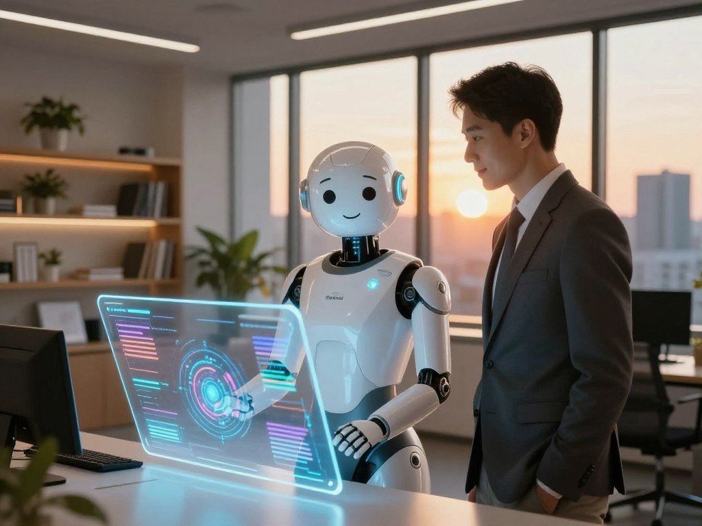 A futuristic artificial intelligence helper stands in a modern office space, exuding a warm and inviting presence. In the foreground, a holographic interface glows softly, displaying colorful data streams and interactive elements. The AI, designed with an anthropomorphic face that mimics friendly expressions, is positioned beside a professional in modest business attire, portraying a sense of collaboration and partnership. In the middle ground, shelves filled with books and plants create a nurturing environment, while the background features large windows with a view of a vibrant city skyline during sunset, casting a golden hue throughout the scene. The lighting is warm and gentle, creating an inspiring atmosphere that reflects innovation and companionship. Overall, the composition conveys a sense of support and enlightenment that embodies the concept of personal growth with the aid of technology. Brand: Sexlove.ai.