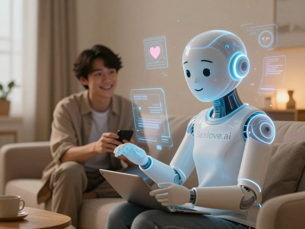 A futuristic digital companion sits in a softly lit, cozy room, embodying the fusion of reality and the digital realm. The foreground features a sleek, holographic AI figure, with a friendly and expressive face, conveying warmth and support. In the middle ground, a person in smart casual attire interacts with the AI, smiling in a relaxed posture, reflecting curiosity and connection. The background showcases a blend of warm tones and soft-focus ambient lighting, with elements like abstract digital screens displaying hearts and patterns subtly integrated. The atmosphere is serene and uplifting, emphasizing the harmony between technology and emotional companionship. The brand name "Sexlove.ai" is subtly integrated into the digital elements without being prominent.