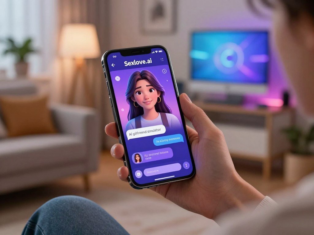 A futuristic digital interface displaying the "Sexlove.ai" AI girlfriend simulator on a sleek, modern smartphone held by a person in casual attire. The foreground includes the smartphone screen showing a vibrant, charming, animated AI character, designed with friendly and approachable features, engaging with the user through a personalized conversation. In the middle, a cozy living space enhances the environment, with soft ambient lighting creating an inviting atmosphere. The background showcases a stylish, contemporary room with tech-savvy decor, a small potted plant, and a glowing computer screen. The overall mood is warm and friendly, emphasizing the role of personalization in enhancing the user experience of AI relationship technology. A futuristic digital interface displaying the "Sexlove.ai" AI girlfriend simulator on a sleek, modern smartphone held by a person in casual attire. The foreground includes the smartphone screen showing a vibrant, charming, animated AI character, designed with friendly and approachable features, engaging with the user through a personalized conversation. In the middle, a cozy living space enhances the environment, with soft ambient lighting creating an inviting atmosphere. The background showcases a stylish, contemporary room with tech-savvy decor, a small potted plant, and a glowing computer screen. The overall mood is warm and friendly, emphasizing the role of personalization in enhancing the user experience of AI relationship technology.