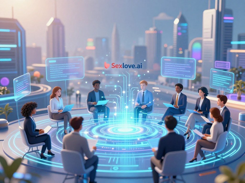 A futuristic digital landscape illustrating the concept of "machine learning chat interactions." In the foreground, a holographic interface displays a diverse group of people engaged in conversation, each in professional attire, representing various cultures and backgrounds. In the middle, intricate algorithms and flowing data streams create a visual representation of machine learning technology, symbolizing the complexity and evolution of AI chat systems. The background features a sleek, tech-inspired skyline dotted with glowing screens and abstract shapes, signifying innovation and progress. The lighting is bright and vibrant, casting a hopeful and engaging atmosphere, with a slight lens flare to enhance the futuristic feel. Include subtle elements such as the brand logo "Sexlove.ai" integrated into the digital interface, reinforcing the connection to AI love chat.