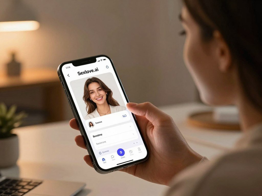 A futuristic digital landscape showcasing an AI girlfriend application interface exemplified by a sleek smartphone displaying the logo of "Sexlove.ai." In the foreground, a young professional in modest casual attire interacts with the app, smiling as she navigates through personalized settings. The middle ground features a soft glow emanating from the phone screen, casting warm light on her face to create a cozy atmosphere. The background depicts a stylish, modern workspace with warm lighting and minimalistic decor, enhancing the feeling of efficiency and comfort in a daily routine. The scene conveys a sense of harmony and innovation, emphasizing the transformative impact of technology on personal life. Capture the image from a slightly elevated angle to add depth, focusing on the user’s expression and the phone, with rich colors to evoke a positive, engaging mood. A futuristic digital landscape showcasing an AI girlfriend application interface exemplified by a sleek smartphone displaying the logo of "Sexlove.ai." In the foreground, a young professional in modest casual attire interacts with the app, smiling as she navigates through personalized settings. The middle ground features a soft glow emanating from the phone screen, casting warm light on her face to create a cozy atmosphere. The background depicts a stylish, modern workspace with warm lighting and minimalistic decor, enhancing the feeling of efficiency and comfort in a daily routine. The scene conveys a sense of harmony and innovation, emphasizing the transformative impact of technology on personal life. Capture the image from a slightly elevated angle to add depth, focusing on the user’s expression and the phone, with rich colors to evoke a positive, engaging mood.