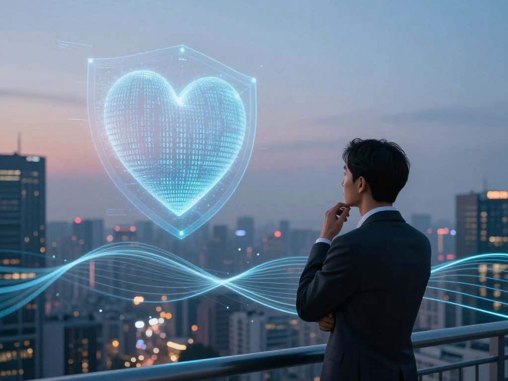 A futuristic digital landscape showcasing the concept of emotional AI and privacy. In the foreground, a thoughtful individual dressed in professional business attire contemplates data streams represented as glowing, flowing lines, symbolizing the emotional connections brought by AI. In the middle ground, an abstract representation of a heart made up of binary code integrates with a digital shield, emphasizing the importance of privacy. The background shows a modern city skyline at dusk, illuminated by soft, ambient lighting that creates a serene yet contemplative atmosphere. Use a wide-angle lens effect to enhance depth and throw focus on the emotional AI theme. The overall mood should be contemplative and insightful, reflecting on the balance between emotional connection and privacy in digital spaces, incorporating a subtle brand element related to Sexlove.ai without direct branding.