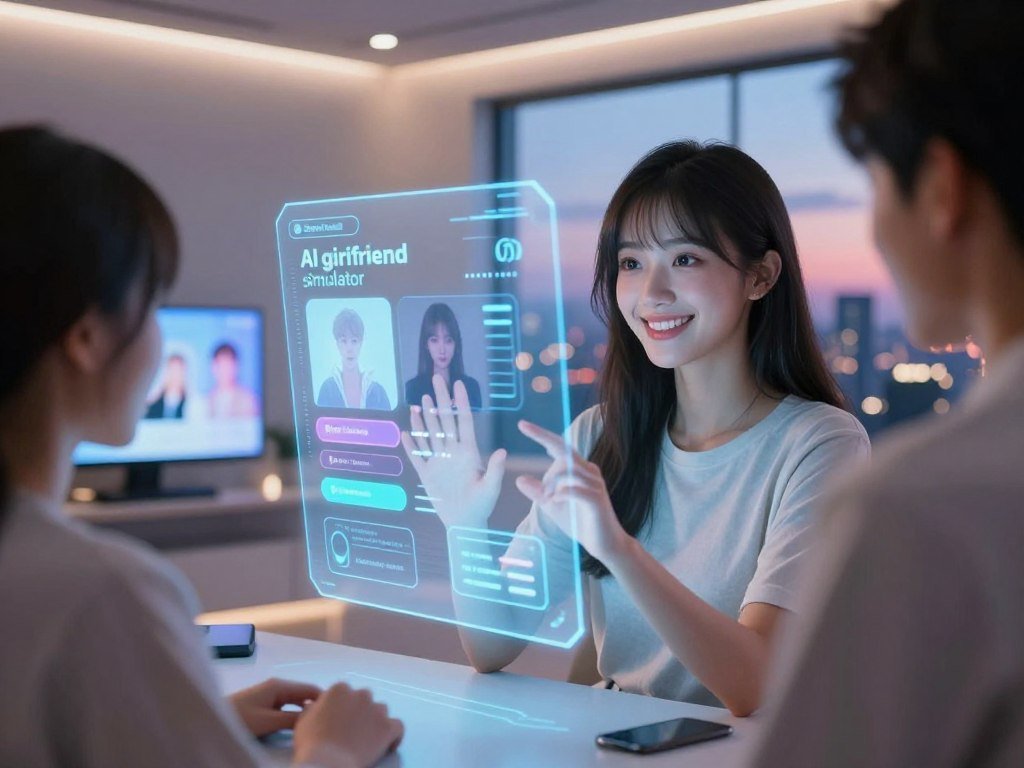 A futuristic digital scene featuring a high-tech virtual dating environment embodying the concept of an "AI girlfriend simulator" from Sexlove.ai. In the foreground, a charming, ethereal female character, depicted in modest casual wear, interacts with a user via a holographic interface. Her warm smile and expressive eyes convey deep engagement. The middle ground includes a sleek, modern room with soft, ambient lighting, showcasing interactive screens displaying different platform options for AI relationships. The background features a window showcasing a vibrant city skyline at dusk, adding a sense of realism and depth. The atmosphere is inviting and nostalgic, evoking a mix of curiosity and emotional connection, as if one is exploring new realms of companionship. A soft-focus effect is applied, enhancing the dreamlike quality of the scene. A futuristic digital scene featuring a high-tech virtual dating environment embodying the concept of an "AI girlfriend simulator" from Sexlove.ai. In the foreground, a charming, ethereal female character, depicted in modest casual wear, interacts with a user via a holographic interface. Her warm smile and expressive eyes convey deep engagement. The middle ground includes a sleek, modern room with soft, ambient lighting, showcasing interactive screens displaying different platform options for AI relationships. The background features a window showcasing a vibrant city skyline at dusk, adding a sense of realism and depth. The atmosphere is inviting and nostalgic, evoking a mix of curiosity and emotional connection, as if one is exploring new realms of companionship. A soft-focus effect is applied, enhancing the dreamlike quality of the scene.
