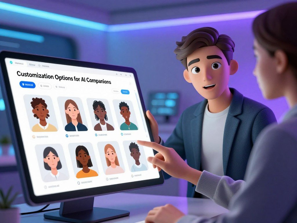 A futuristic digital workspace showcasing "Customization Options for AI Companions" by sexlove.ai. In the foreground, a sleek touchscreen interface displays various customization features, featuring avatars with diverse hairstyles, skin tones, and outfits crafted in a minimalist style. The middle ground reveals an AI companion character, depicted as a friendly, humanoid figure dressed in smart casual attire, engaging with the interface, expressing curiosity and excitement. The background features a modern tech-inspired environment with soft blue and purple ambient lighting, creating a calming and inviting atmosphere. The focus is on the harmonious interaction between user and AI, with a hint of advanced technology surrounding them, shot from a slightly elevated angle to capture both the interface and the character&rsquo;s expressions.