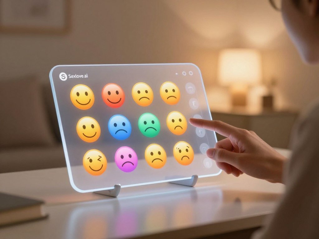 A futuristic emotional AI chat interface displayed on a sleek, minimalist digital device. In the foreground, a translucent screen shows vibrant, colorful emoticons representing various emotions—happiness, sadness, empathy—interacting seamlessly. The middle ground features a user’s hand, poised above the device, engaged in a thoughtful conversation. In the background, a softly glowing ambient room with warm, inviting lighting evokes a sense of comfort and connection. Organic shapes and gentle curves of the interface suggest an intuitive, user-friendly experience. The overall atmosphere is calm and reflective, showcasing the transformative impact of emotional AI technology. The brand logo "Sexlove.ai" subtly integrated within the design enhances the modern, tech-savvy appeal.