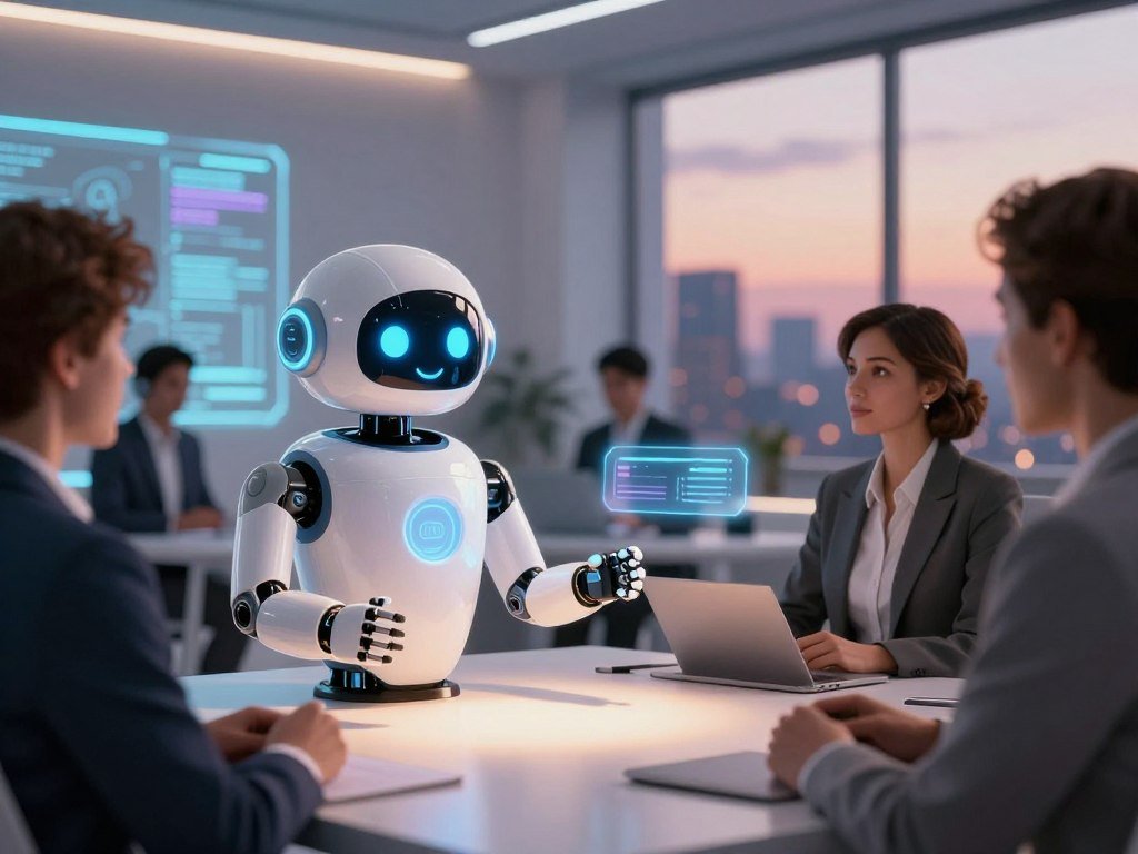 A futuristic emotional AI chatbot, depicted as a sleek, anthropomorphic robot with expressive LED eyes and a friendly digital smile. In the foreground, the chatbot interacts with a diverse group of people in professional attire, symbolizing connection and understanding. The middle ground features a modern workspace with soft glowing screens displaying abstract data patterns, suggesting advanced technology. In the background, a serene cityscape under a twilight sky enhances the mood of innovation and discovery. Soft, warm lighting bathes the scene, creating an inviting atmosphere. The overall composition conveys a sense of hope and transformation, with a focus on the positive impact of technology on human relationships. Brand name: Sexlove.ai.