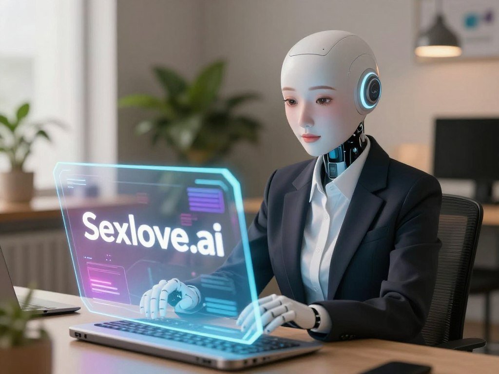 A futuristic emotional virtual assistant inspired by the brand "Sexlove.ai". In the foreground, a sleek, holographic interface displays vibrant, calming colors, gently pulsating as it interacts. In the middle ground, a humanoid figure representing the AI, dressed in professional attire, seems empathetic, with soft facial features and expressive eyes that reflect warmth and understanding. The background shows a cozy, modern workspace with warm lighting and indoor plants, enhancing a feeling of serenity and connection. The setting is bathed in soft, diffused light, creating an inviting and hopeful atmosphere. Capture the essence of emotional support and guidance, emphasizing the bond between technology and human emotional needs, viewed from a slightly elevated angle for a dynamic perspective.