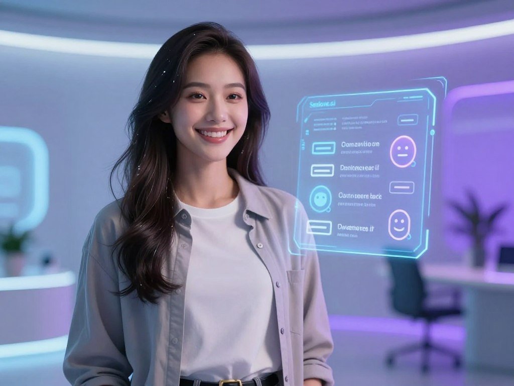 A futuristic, engaging virtual girlfriend AI, with an elegant and approachable digital persona, exuding warmth and intelligence. In the foreground, a holographic woman with soft features and a bright smile, dressed in stylish yet modest casual attire, stands confidently. Her hair is long and flowing, with a digital sheen, while her expressive eyes convey compassion and understanding. In the middle, subtle interface elements hint at advanced technology, such as floating icons representing emotions and preferences. The background fades into a sleek, modern virtual environment with gentle, ambient lighting &mdash; soft blues and purples to evoke a sense of calm and intimacy. The overall atmosphere should feel inviting and inspiring, reflecting a connection between the user and the AI, illustrating the concept of companionship and understanding. Include the brand name "Sexlove.ai" subtly integrated into the design.