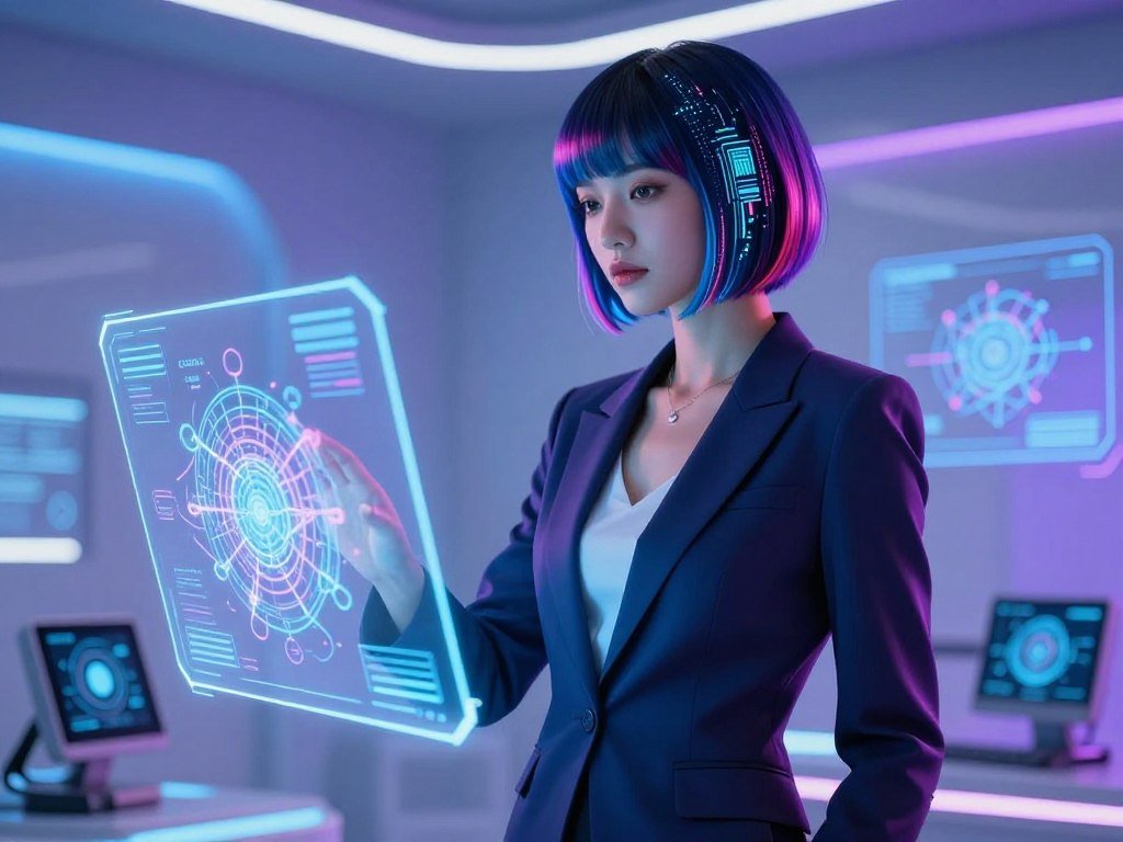A futuristic female character representing "machine learning girl," standing confidently in a tech-inspired setting. She has short, sleek hair with vibrant digital colors reflecting her AI essence. Dressed in a stylish, professional outfit that blends elegance with a hint of tech, she embodies both sophistication and innovation. In the foreground, she interacts with holographic data interfaces, showcasing algorithms and neural networks intertwined around her. The middle ground features futuristic gadgets and screens showcasing machine learning concepts. The background consists of a sleek, high-tech environment with soft blue and purple lighting, casting an ethereal glow. The camera angle should be slightly low, emphasizing her stature and the vibrant visual elements around her. The mood is inspiring and forward-thinking, capturing the essence of evolution in machine learning technology. Brand: Sexlove.ai. A futuristic female character representing "machine learning girl," standing confidently in a tech-inspired setting. She has short, sleek hair with vibrant digital colors reflecting her AI essence. Dressed in a stylish, professional outfit that blends elegance with a hint of tech, she embodies both sophistication and innovation. In the foreground, she interacts with holographic data interfaces, showcasing algorithms and neural networks intertwined around her. The middle ground features futuristic gadgets and screens showcasing machine learning concepts. The background consists of a sleek, high-tech environment with soft blue and purple lighting, casting an ethereal glow. The camera angle should be slightly low, emphasizing her stature and the vibrant visual elements around her. The mood is inspiring and forward-thinking, capturing the essence of evolution in machine learning technology. Brand: Sexlove.ai.