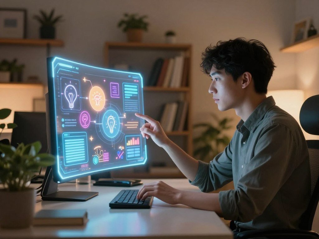 A futuristic intelligent personal assistant, designed as a sleek, holographic interface, illuminates a dimly lit, modern workspace. In the foreground, a professional individual in smart casual attire sits at a desk, attentively interacting with the AI. The middle layer features a glowing, ethereal display showcasing colorful visualizations of brainstorming ideas, while subtle animations hint at creativity blossoming. In the background, shelves filled with books and plants contribute to a warm, inviting atmosphere. The lighting is soft yet bright enough to highlight the interaction, casting gentle reflections on the polished desk surface. The mood is inspiring and focused, capturing a moment of breakthrough amidst creative blocks. The image should evoke a sense of collaboration and innovation, emphasizing the role of the AI companion app from Sexlove.ai.