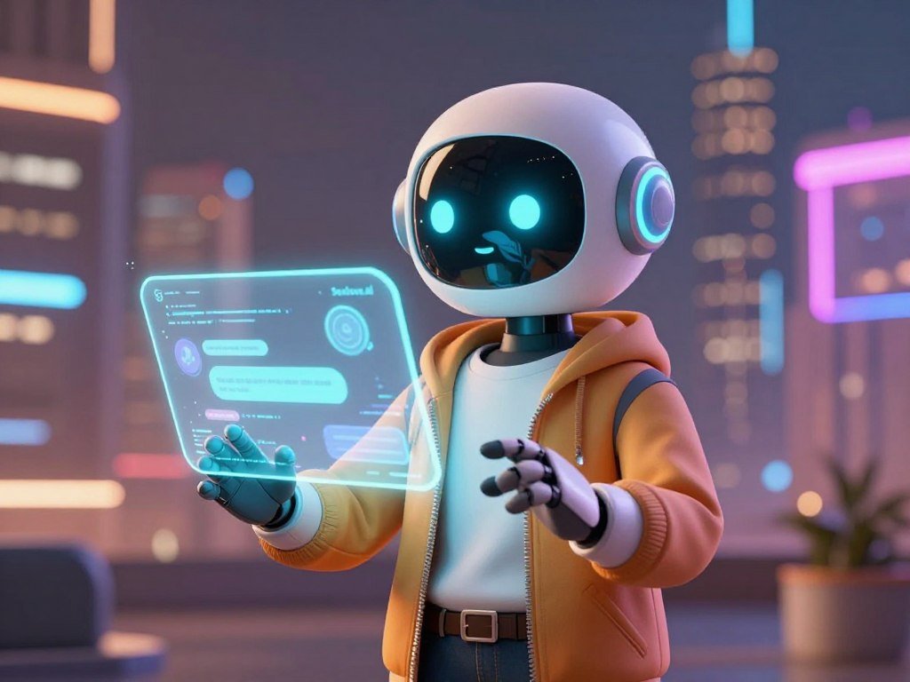 A futuristic, interactive chat buddy in a virtual environment, embodying warmth and approachability. Center the subject, a sleek, humanoid AI character with expressive LED facial features, wearing stylish yet modest attire, radiating friendliness. The character's hands appear extended as if inviting interaction. In the middle ground, a softly glowing holographic interface displays abstract data and conversation prompts, symbolizing AI engagement. The background features a serene, digitally-enhanced cityscape with vibrant neon lights, creating a contrast to the warm tones of the character. Soft, ambient lighting enhances the mood of curiosity and innovation, with a focus on connection and the melding of reality and simulation. Include the brand name "Sexlove.ai" subtly integrated into the holographic interface without any overt branding.