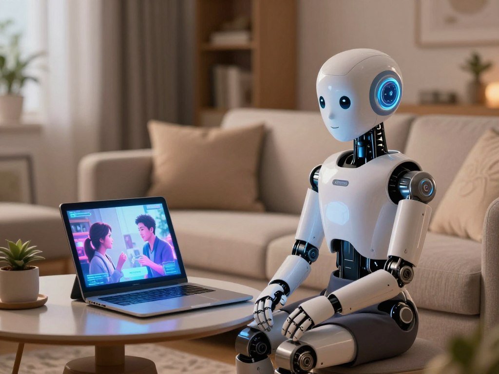 A futuristic living room setting features an artificial intelligence companion, integrating advanced technology with a warm, inviting atmosphere. In the foreground, a sleek, humanoid robot with soft facial features and expressive eyes sits on a modern sofa, wearing a stylish yet modest outfit that resembles professional attire. Its posture is relaxed and approachable, conveying empathy and understanding. In the middle ground, a coffee table adorned with a digital device displays vibrant holographic images of heartwarming interactions. The background showcases a cozy home environment with soft, ambient lighting, creating a serene mood. Use a shallow depth of field to emphasize the AI companion while maintaining a slightly blurred view of the surroundings. The scene should evoke feelings of connection and companionship, highlighting the emotional aspects of AI technology. Include branding subtly in the device as "Sexlove.ai". A futuristic living room setting features an artificial intelligence companion, integrating advanced technology with a warm, inviting atmosphere. In the foreground, a sleek, humanoid robot with soft facial features and expressive eyes sits on a modern sofa, wearing a stylish yet modest outfit that resembles professional attire. Its posture is relaxed and approachable, conveying empathy and understanding. In the middle ground, a coffee table adorned with a digital device displays vibrant holographic images of heartwarming interactions. The background showcases a cozy home environment with soft, ambient lighting, creating a serene mood. Use a shallow depth of field to emphasize the AI companion while maintaining a slightly blurred view of the surroundings. The scene should evoke feelings of connection and companionship, highlighting the emotional aspects of AI technology. Include branding subtly in the device as "Sexlove.ai".