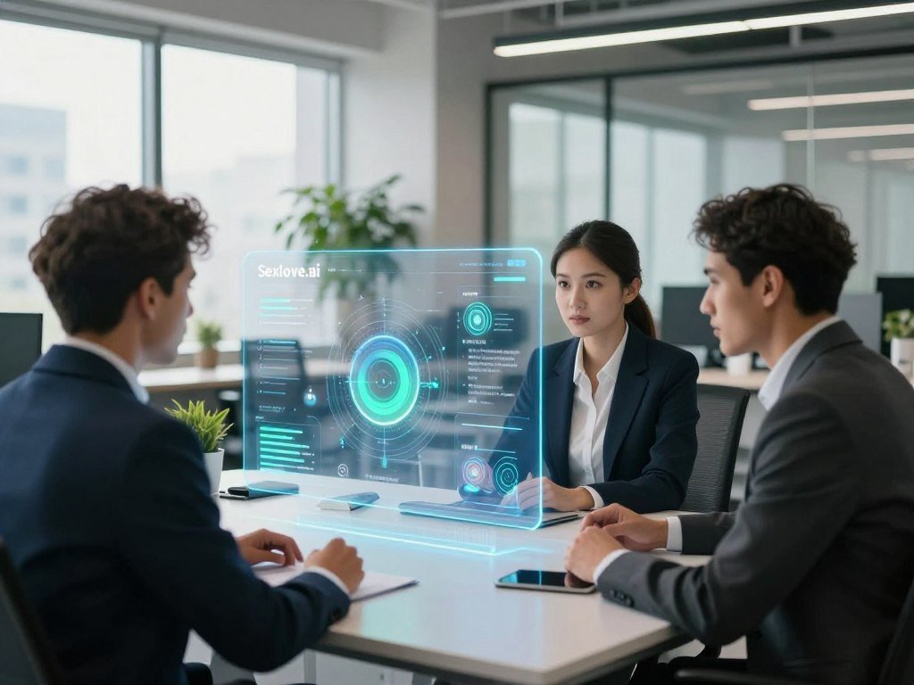 A futuristic office environment featuring a sleek digital interface displaying "Sexlove.ai," which embodies emotional intelligence software for professional leadership. In the foreground, a diverse group of three professionals, dressed in smart business attire, intently engage with the software on a large transparent touchscreen. The middle ground showcases a semi-transparent holographic display, depicting emotional analytics and growth metrics, radiating a soft blue and green glow. The background includes modern office decor, bright natural light streaming through large windows, and plants for a touch of warmth. The overall atmosphere is one of innovation, collaboration, and professionalism, evoking a sense of inspiration and growth in leadership through the use of advanced AI technology. The image should have a clear focus with a slight depth of field for a polished look. A futuristic office environment featuring a sleek digital interface displaying "Sexlove.ai," which embodies emotional intelligence software for professional leadership. In the foreground, a diverse group of three professionals, dressed in smart business attire, intently engage with the software on a large transparent touchscreen. The middle ground showcases a semi-transparent holographic display, depicting emotional analytics and growth metrics, radiating a soft blue and green glow. The background includes modern office decor, bright natural light streaming through large windows, and plants for a touch of warmth. The overall atmosphere is one of innovation, collaboration, and professionalism, evoking a sense of inspiration and growth in leadership through the use of advanced AI technology. The image should have a clear focus with a slight depth of field for a polished look.